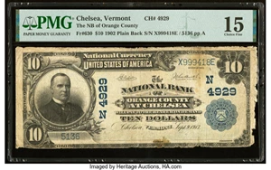 image for: Chelsea, VT - $10 1902 Plain Back Fr. 630 The National Bank of Orange County Ch. # (N)4929 PMG Choice Fine 15....