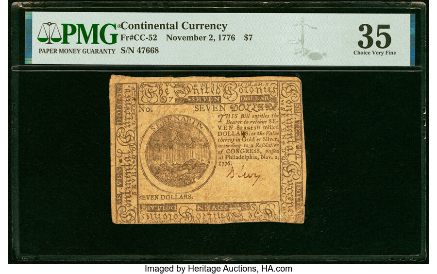 image for: Continental Currency November 2, 1776 $7 PMG Choice Very Fine 35....