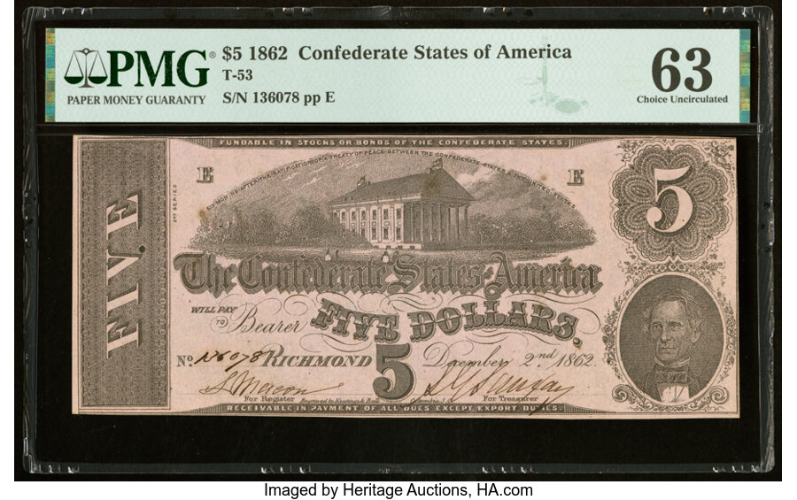 image for: T53 $5 1862 PF-10 Cr. 380 PMG Choice Uncirculated 63....