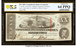 image for: T58 $20 1863 PF-24 Cr. 424 PCGS Banknote Choice Uncirculated 64 PPQ....
