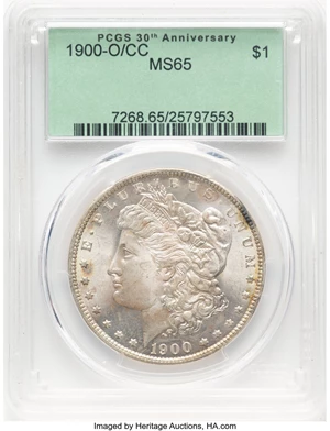 image for: 1900-O/CC $1 VAM-12 MS65 PCGS. A Top 100 Variety. 30th Anniversary Green Label Holder. PCGS Population: (6/2)....