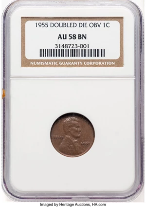 image for: 1955 1C Doubled Die Obverse, FS-101, AU58 NGC. ...