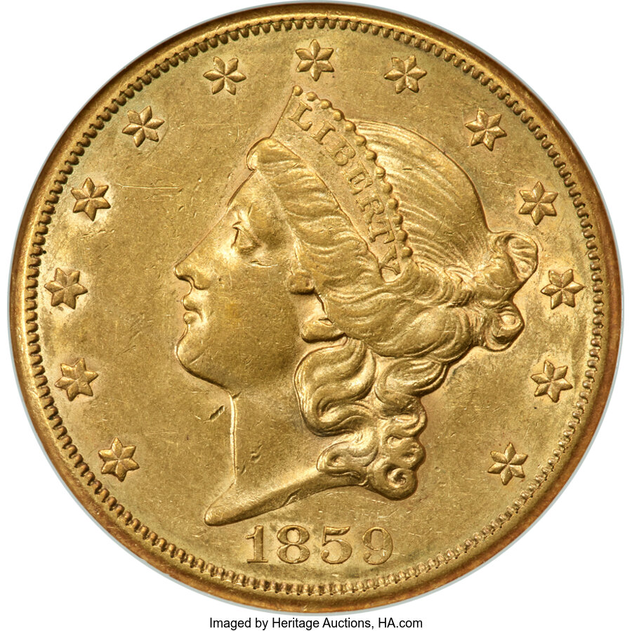 image for: 1859-S $20 Doubled Die Obverse, FS-101, AU55 NGC....