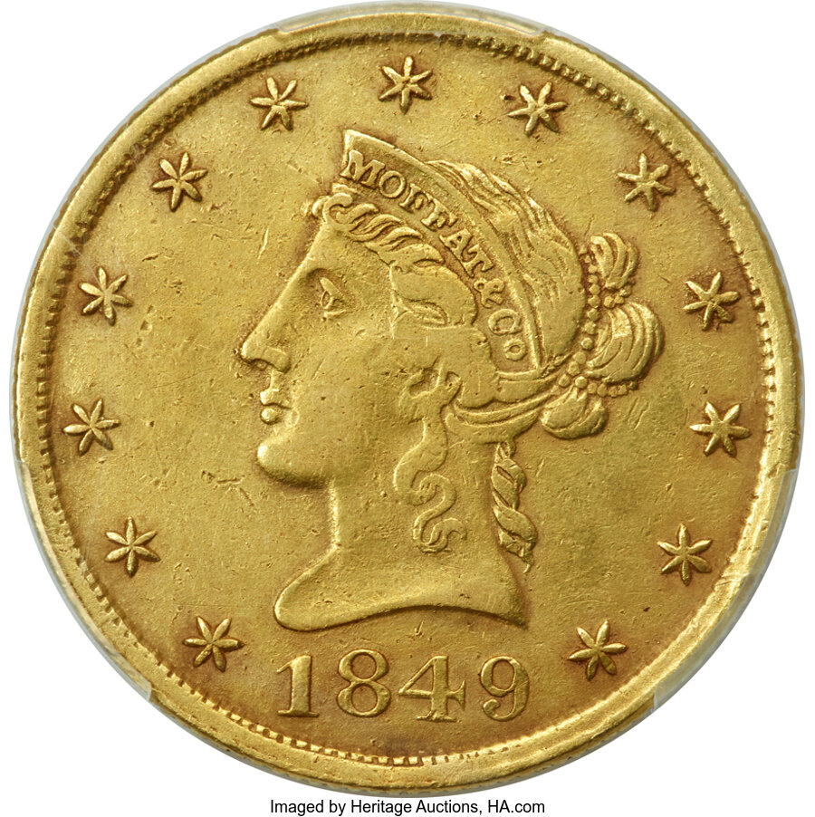 image for: 1849 $10 Moffat & Co., "TEN DOL." XF45 PCGS. K-6a, R.5. ...