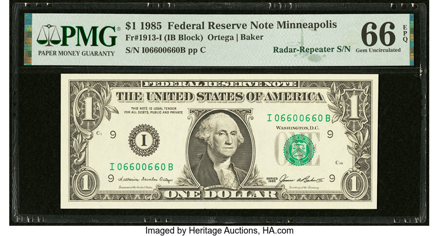 image for: Radar-Repeater Serial Number 06600660 Fr. 1913-I $1 1985 Federal Reserve Note. PMG Gem Uncirculated 66 EPQ....
