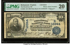 image for: Binary Serial Number 11101 Richmond, VA - $10 1902 Plain Back Fr. 629 The Broadway National Bank Ch. # (S)10344 PMG Very Fine ...