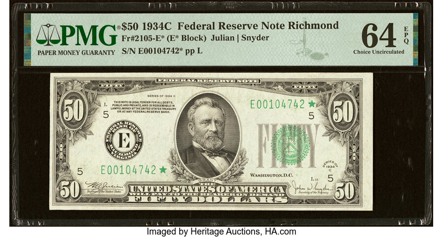 image for: Fr. 2105-E* $50 1934C Federal Reserve Star Note. PMG Choice Uncirculated 64 EPQ....