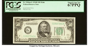 image for: Fr. 2106-G $50 1934D Mule Federal Reserve Note. PCGS Superb Gem New 67PPQ....