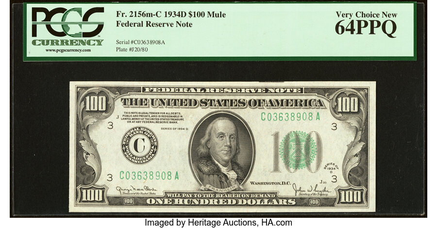 image for: Fr. 2156-C $100 1934D Mule Federal Reserve Note. PCGS Very Choice New 64PPQ....