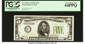 image for: Fr. 1955-C $5 1934 Light Green Seal Federal Reserve Note. PCGS Very Choice New 64PPQ....