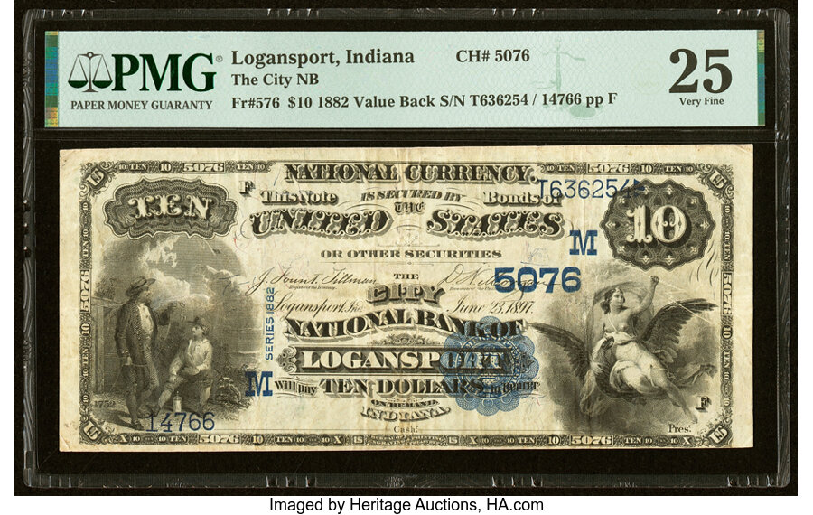 image for: Logansport, IN - $10 1882 Value Back Fr. 576 The City National Bank Ch. # (M)5076 PMG Very Fine 25....