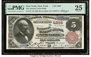 image for: New York, NY - $5 1882 Brown Back Fr. 472 The National Union Bank Ch. # 4898 PMG Very Fine 25....