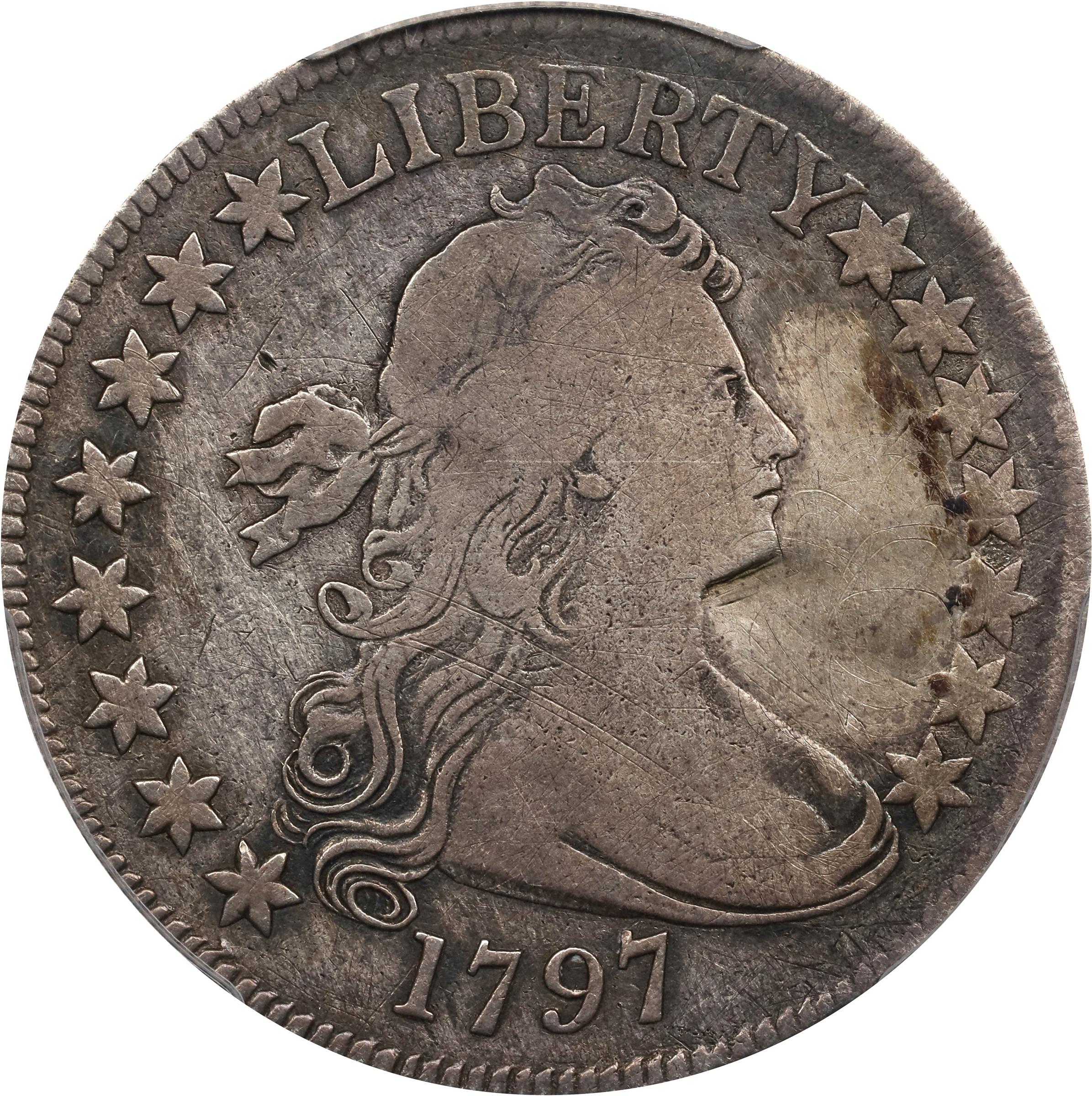 image for: 1797 Draped Bust Half Dollar. Small Eagle. O-101, T-1. Rarity-5+. 15 Stars. Fine Details--Repaired (PCGS).