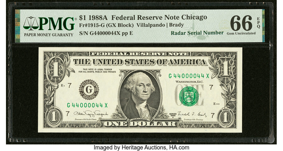 image for: Fancy Radar Serial Number 44000044 Fr. 1915-G $1 1988A Federal Reserve Note. PMG Gem Uncirculated 66 EPQ....