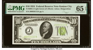 image for: Fr. 2004-J $10 1934 Light Green Seal Federal Reserve Note. PMG Gem Uncirculated 65 EPQ....