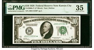 image for: Fr. 2000-J* $10 1928 Federal Reserve Star Note. PMG Choice Very Fine 35....