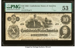 image for: T46 $10 1862 PF-2 Cr. 343 PMG About Uncirculated 53....