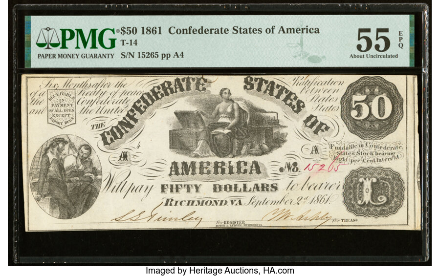image for: T14 $50 1861 PF-7 Cr. 76 PMG About Uncirculated 55 EPQ....