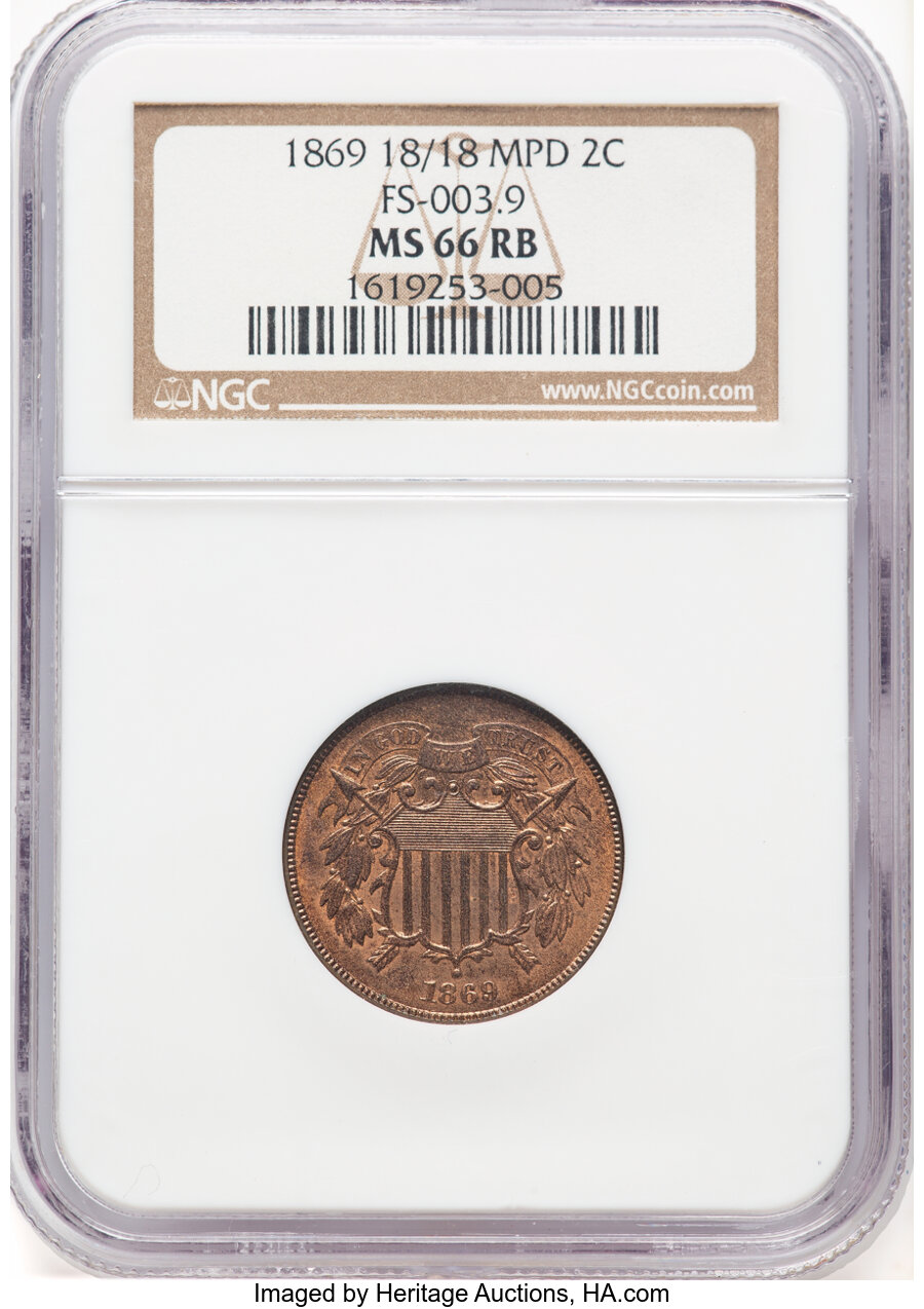 image for: 1869 2C 18/18, Repunched and Misplaced Date, FS-301, MS66 Red and Brown NGC. The NGC insert displays the obsolete Cherryp...