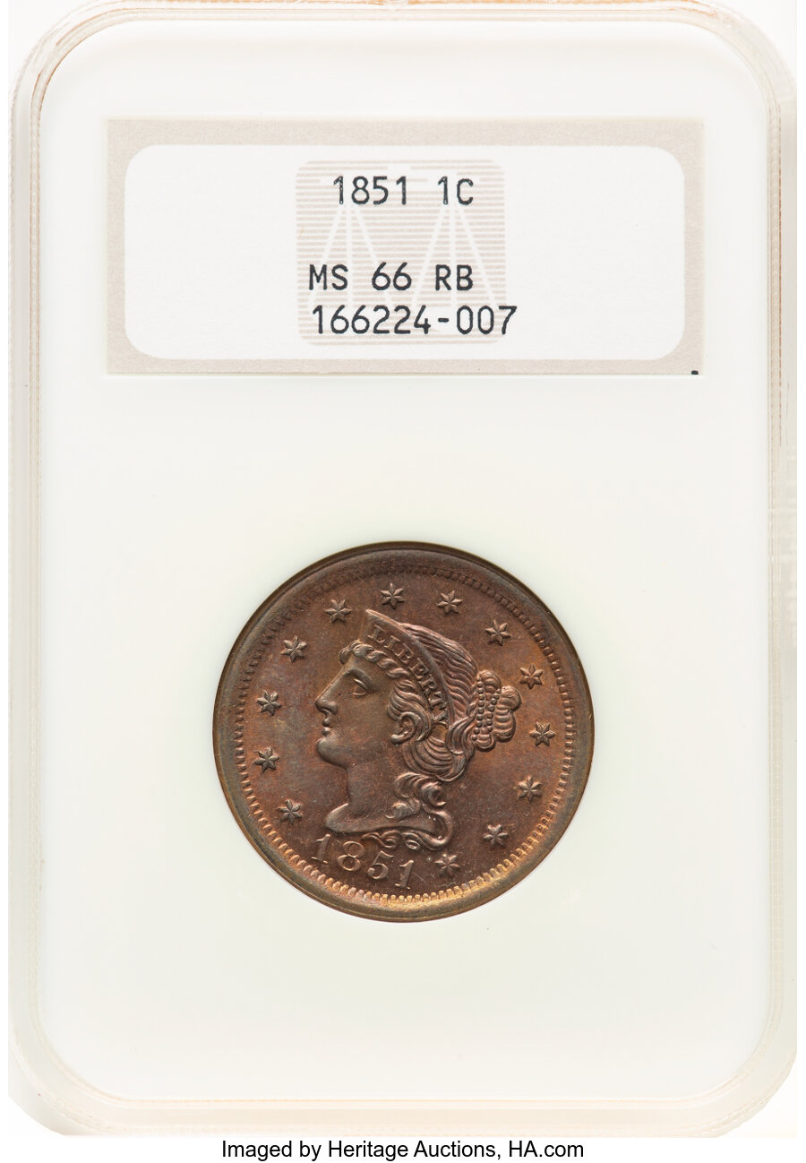 image for: 1851 1C N-30, R.2, MS66 Red and Brown NGC. Housed in a Generation 4 premium holder. Mintage 9,889,707....