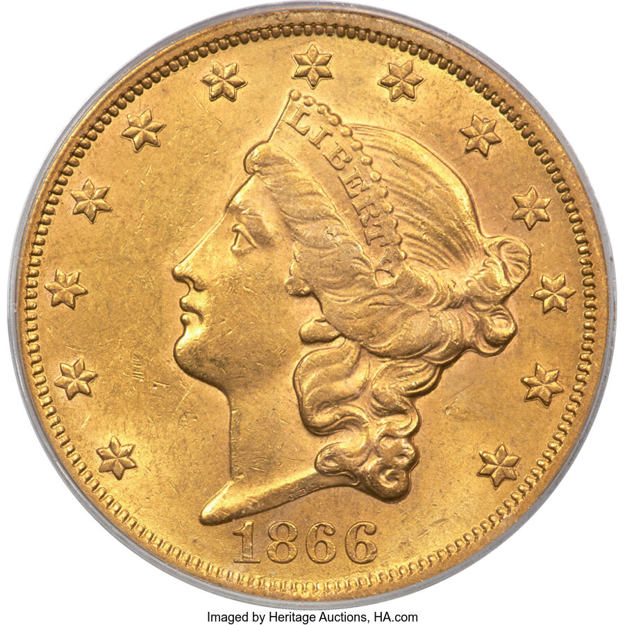 image for: 1866 $20 Doubled Motto, FS-801, AU58 PCGS....