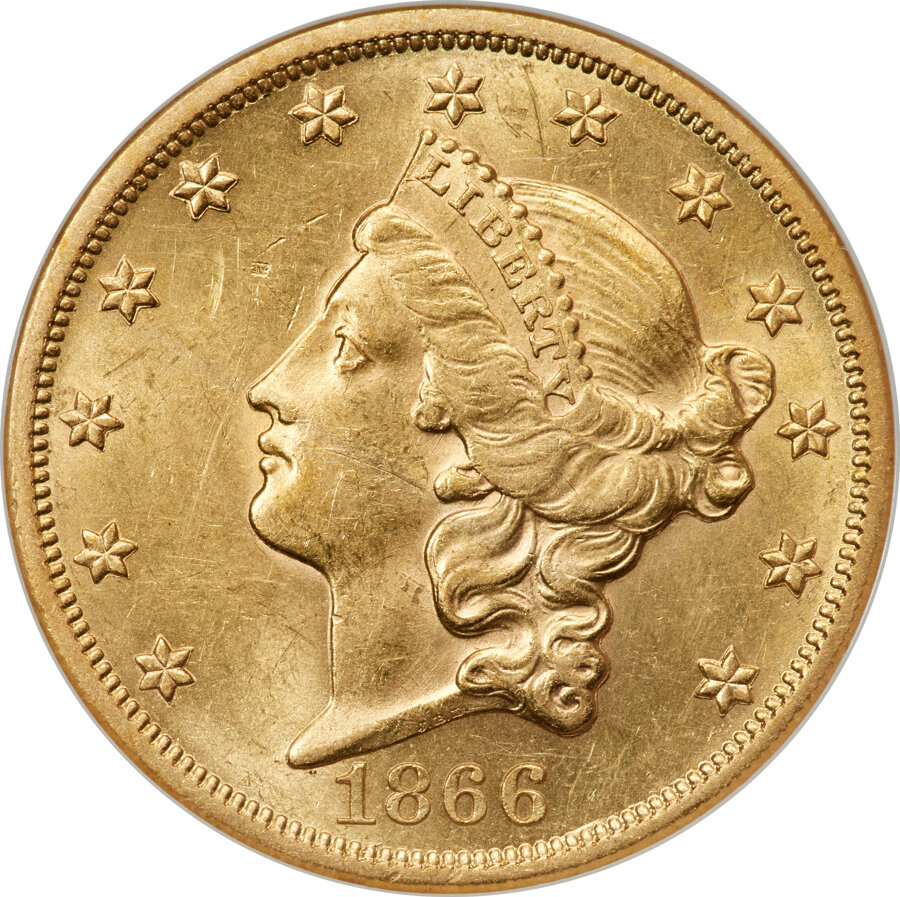 image for: 1866 $20 Doubled Motto, FS-801, AU58 NGC....