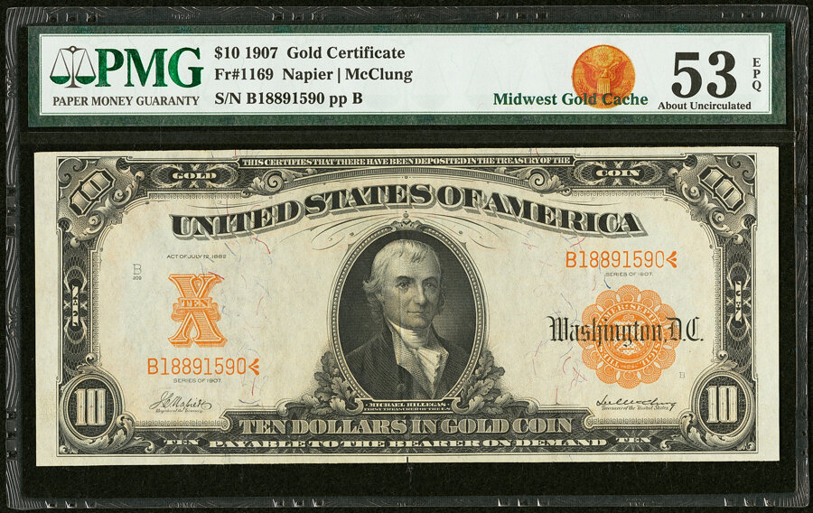 image for: Fr. 1169 $10 1907 Gold Certificate PMG About Uncirculated 53 EPQ....