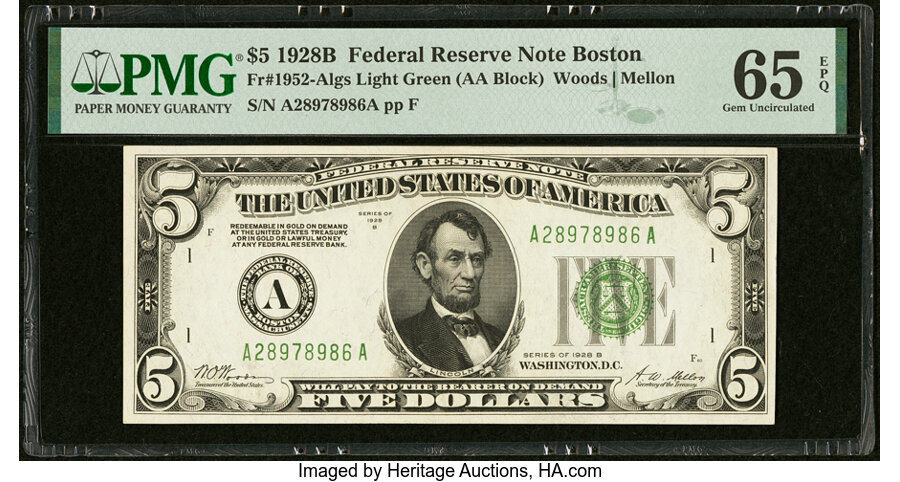 image for: Fr. 1952-A $5 1928B Light Green Seal Federal Reserve Note. PMG Gem Uncirculated 65 EPQ....