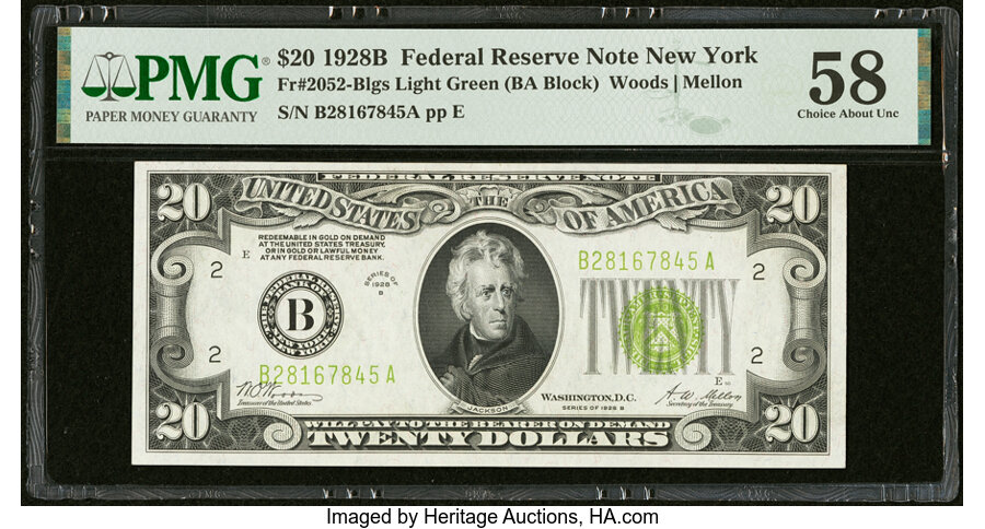 image for: Fr. 2052-B $20 1928B Light Green Seal Federal Reserve Note. PMG Choice About Unc 58....