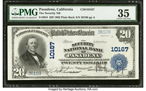 image for: Pasadena, CA - $20 1902 Plain Back Fr. 654 The Security National Bank Ch. # 10167 PMG Choice Very Fine 35....