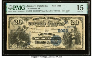 image for: Ardmore, OK - $20 1882 Value Back Fr. 583 The Ardmore National Bank Ch. # (W)5922 PMG Choice Fine 15....