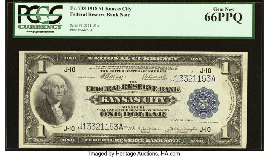 image for: Fr. 738 $1 1918 Federal Reserve Bank Note PCGS Gem New 66PPQ....