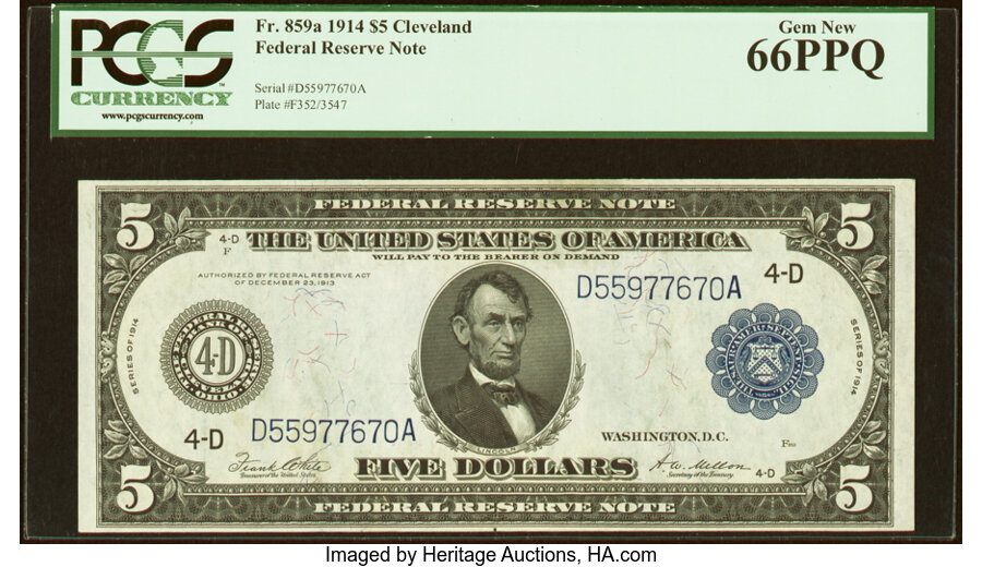 image for: Fr. 859a $5 1914 Federal Reserve Note PCGS Gem New 66PPQ....