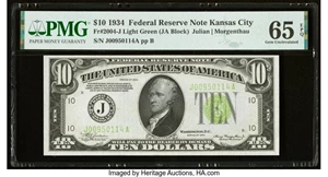 image for: Fr. 2004-J $10 1934 Light Green Seal Federal Reserve Note. PMG Gem Uncirculated 65 EPQ....