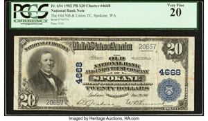 image for: Spokane, WA - $20 1902 Plain Back Fr. 654 The Old National Bank & Union Trust Company Ch. # 4668 PCGS Very Fine 20....