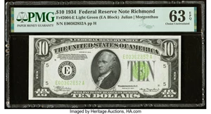 image for: Fr. 2004-E $10 1934 Light Green Seal Federal Reserve Note. PMG Choice Uncirculated 63 EPQ....