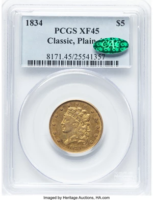 image for: 1834 $5 Plain 4, HM-3, R.2, XF45 PCGS. CAC. CAC Population: (0/0). Mintage 657,460....