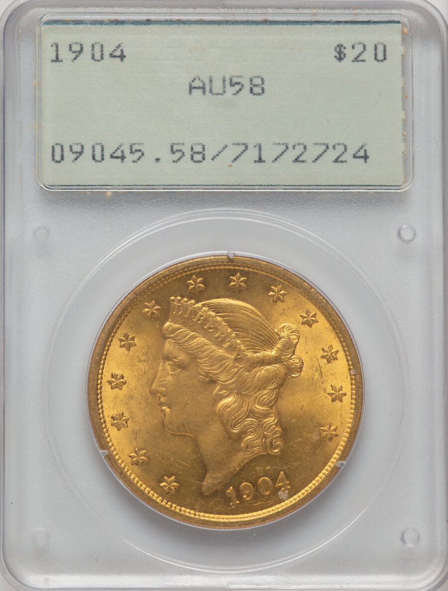 1904 $20 AU58 PCGS. This piece is housed in a Generation 1.2 "rattler" holder. Mintage 6,256,797....