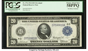 image for: Fr. 976 $20 1914 Federal Reserve Note PCGS Choice About New 58PPQ....