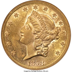 image for: 1858 $20 AU58 NGC....