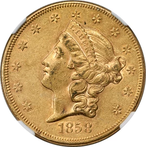 image for: 1858 $20 AU55 NGC....