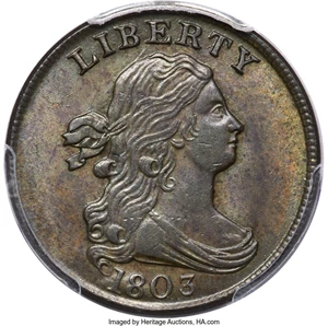 image for: 1803 1/2 C Widely Spaced 3, C-3, B-3, R.1, MS63 Brown PCGS. CAC....