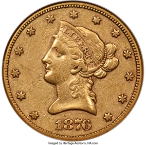 image for: 1876-CC $10 AU50 NGC. Winter 1-A. ...