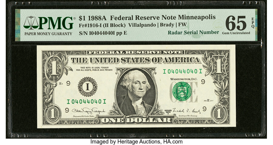 image for: Radar Serial Number 04044040 Fr. 1916-I $1 1988A Federal Reserve Note. PMG Gem Uncirculated 65 EPQ....