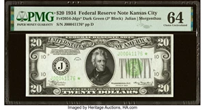 image for: Fr. 2054-J* $20 1934 Federal Reserve Star Note. PMG Choice Uncirculated 64....