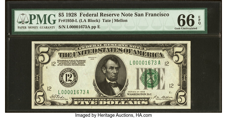 image for: Fr. 1950-L $5 1928 Federal Reserve Note. PMG Gem Uncirculated 66 EPQ....