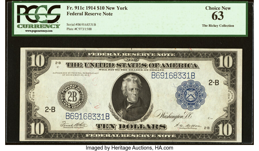 image for: Fr. 911c $10 1914 Federal Reserve Note PCGS Choice New 63....