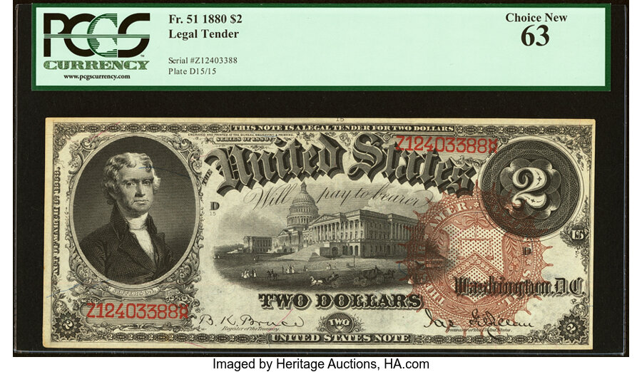 image for: Fr. 51 $2 1880 Legal Tender PCGS Choice New 63....