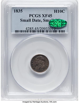 image for: 1835 H10C Small Date, Small 5C, V-7, LM-10, R.1, XF45 PCGS. CAC....