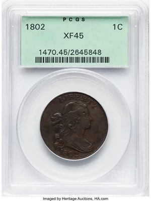 image for: 1802 1C S-237, B-10, R.2, XF45 PCGS. This piece is housed in a Generation 3.1 green label holder. Mintage 3,435,100....
